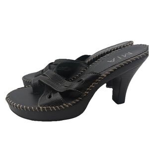 MIA BLACK STRAPPY LEATHER HI-HEELS MULES SANDALS OPEN-TOE / BACK THONG PUMPS 7.5